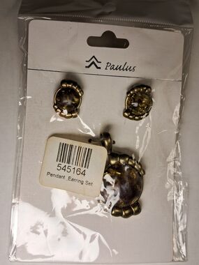 Paulus Antique Goldtone Amber Pendant w/ Matching Earrings Set